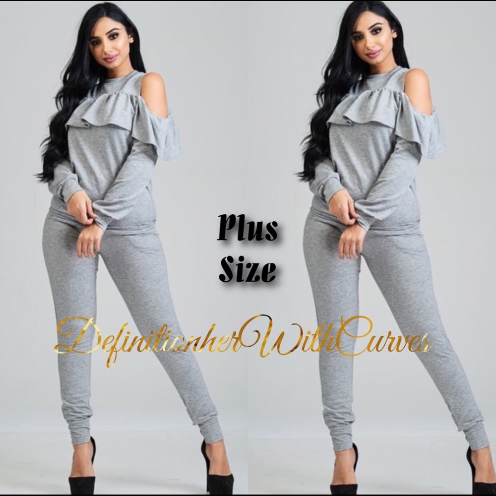 Grey Plus Laced Shoulder Jogger Set